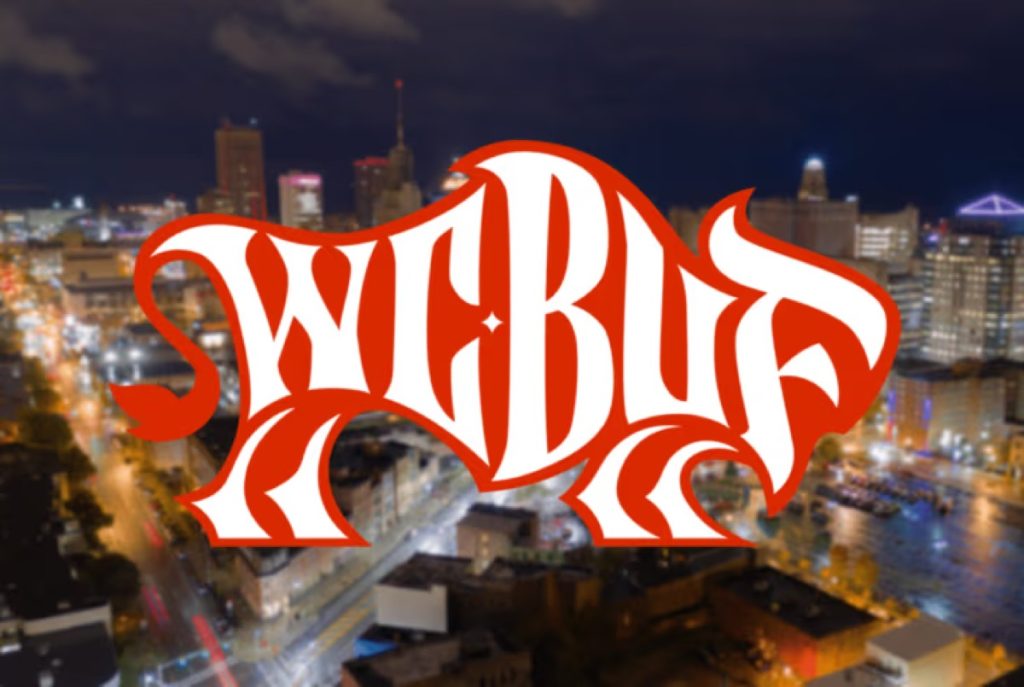 WordCamp Buffalo logo over a night view of the Buffalo skyline
