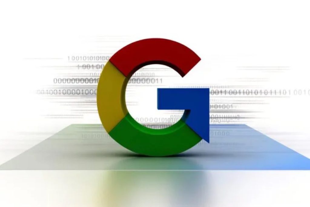 Large Google G logo with streams of binary code behind it